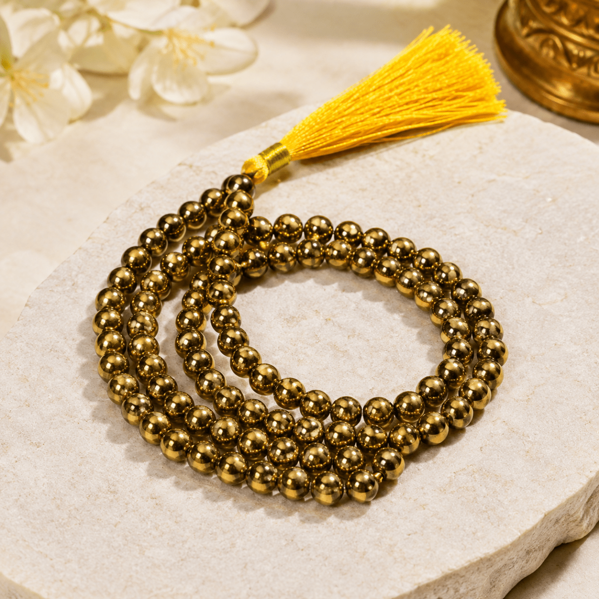 Golden Pyrite 108 Bead Mala - Agamadhara